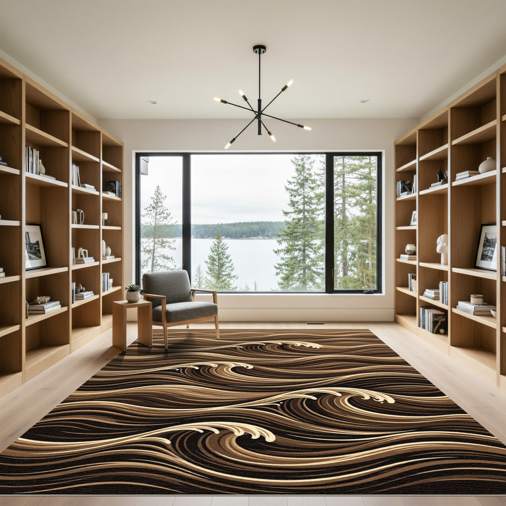 Rich Brown Abstract Flowing Wave Rug