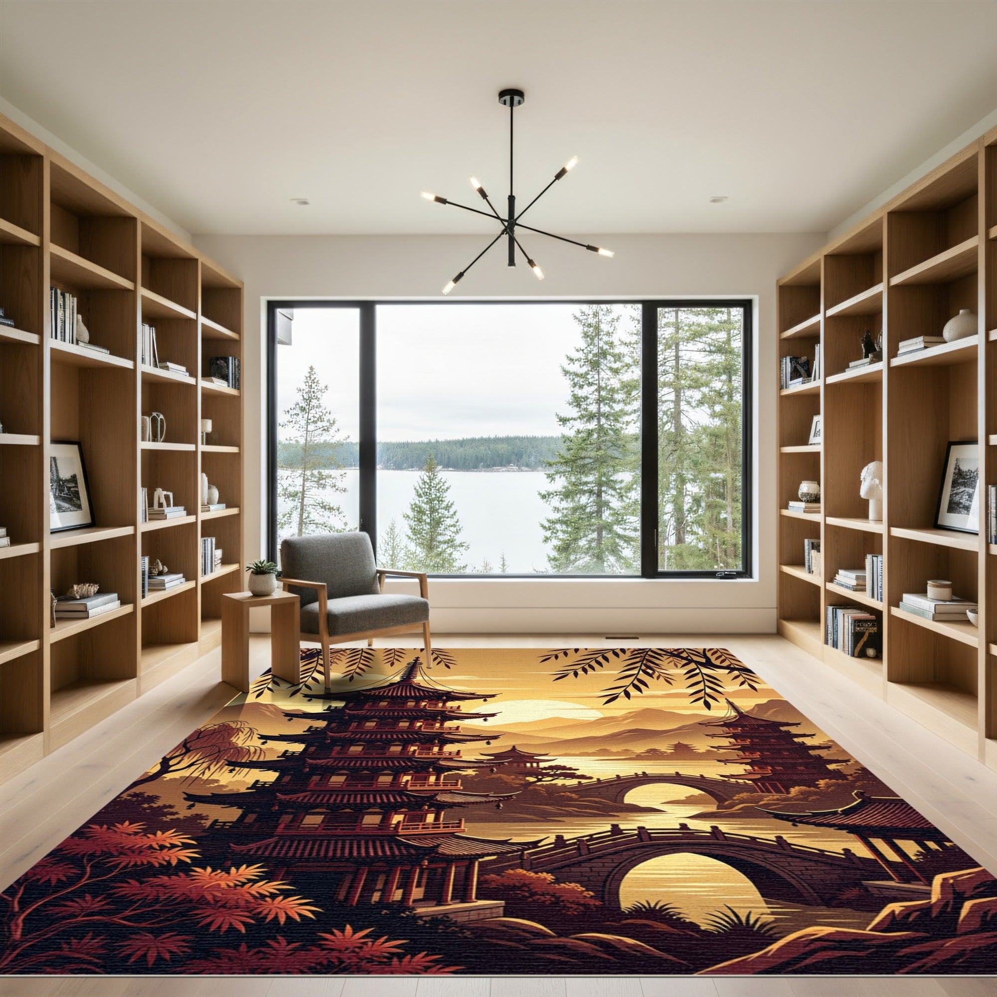 Golden Sunset Pagoda Landscape Illustration Rug