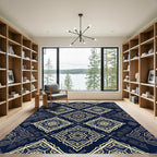 Luxury Gold Midnight Blue Damask Lattice Rug