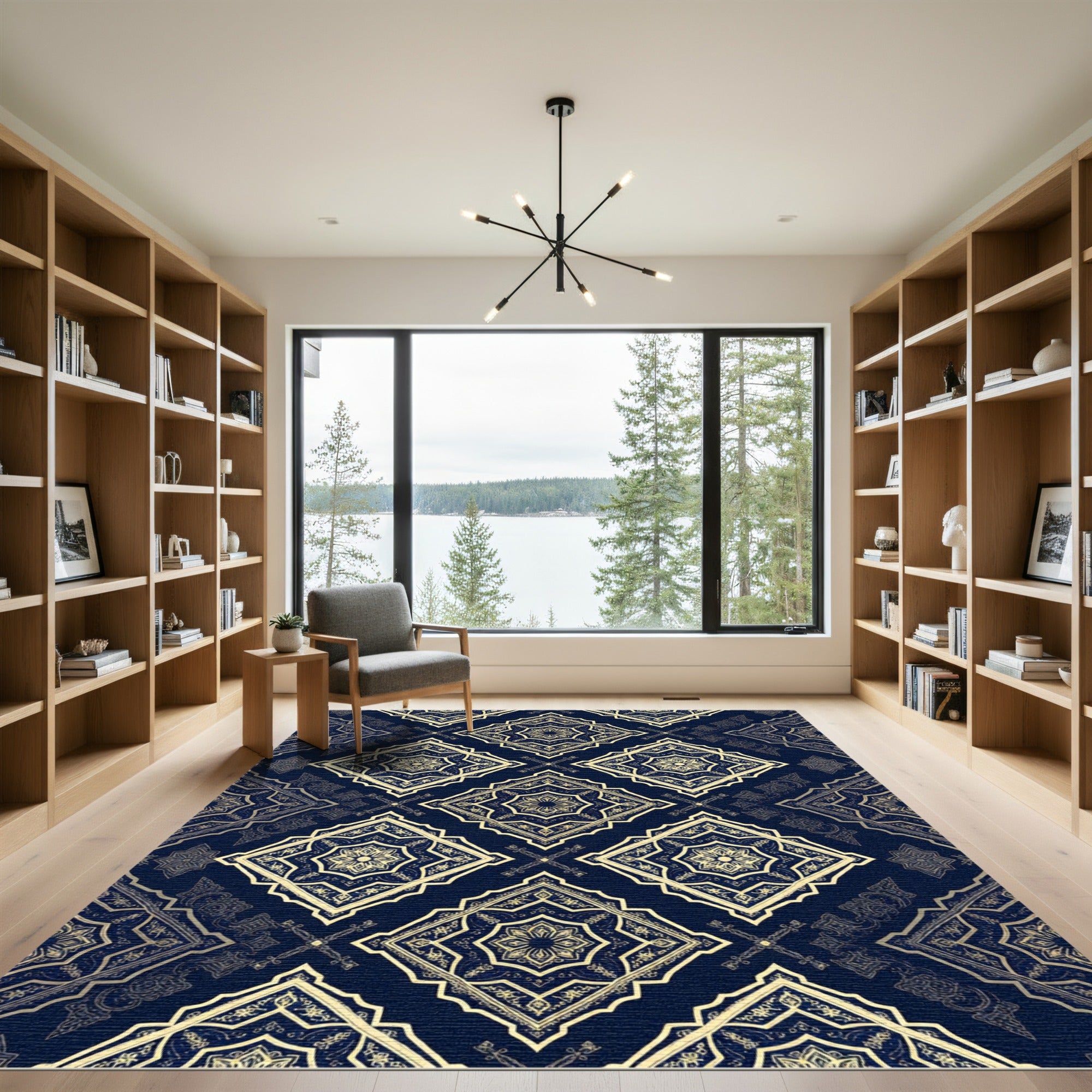 Luxury Gold Midnight Blue Damask Lattice Rug
