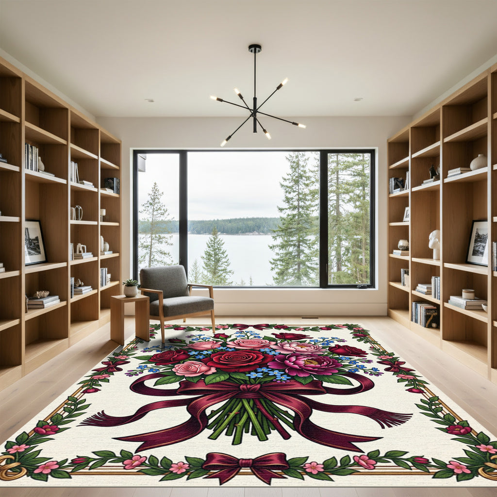 Romantic Burgundy Rose Bouquet Border Rug