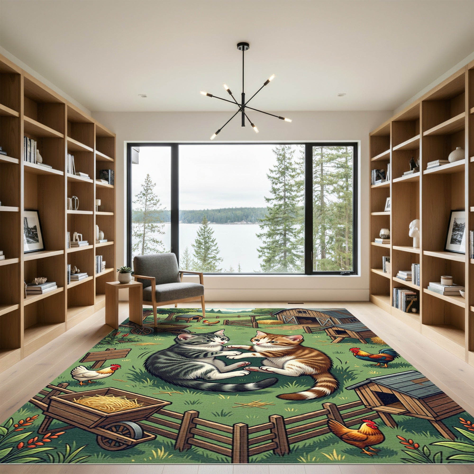 Playful Kittens in Rustic Farm Scene Rug