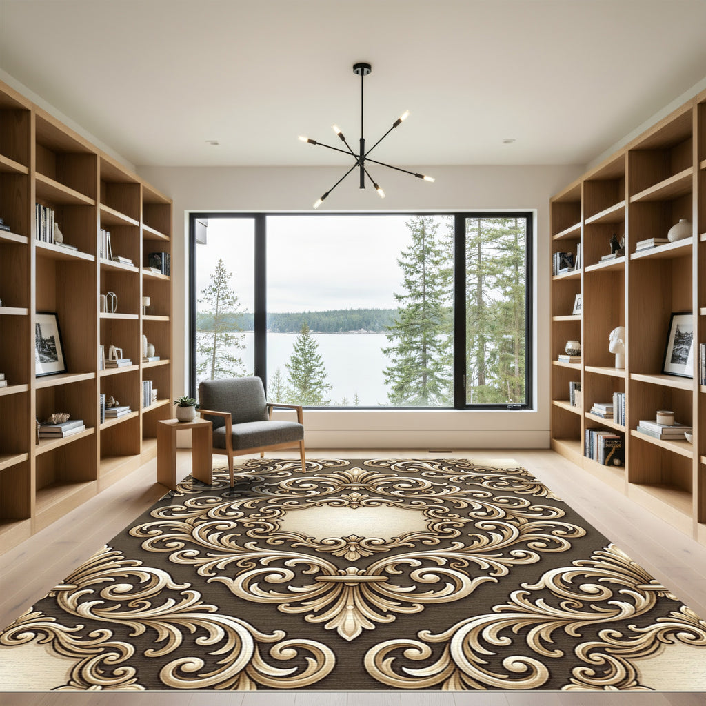 Ornate Golden Acanthus Scrollwork Rug