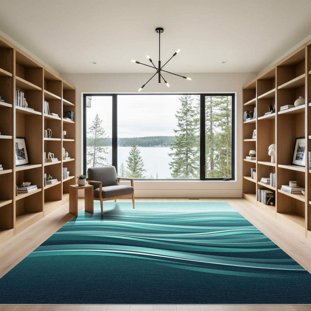 Abstract Teal Ocean Waves Rug