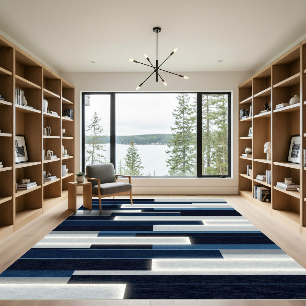 Modern Indigo and Gray Linear Luminescent Rug