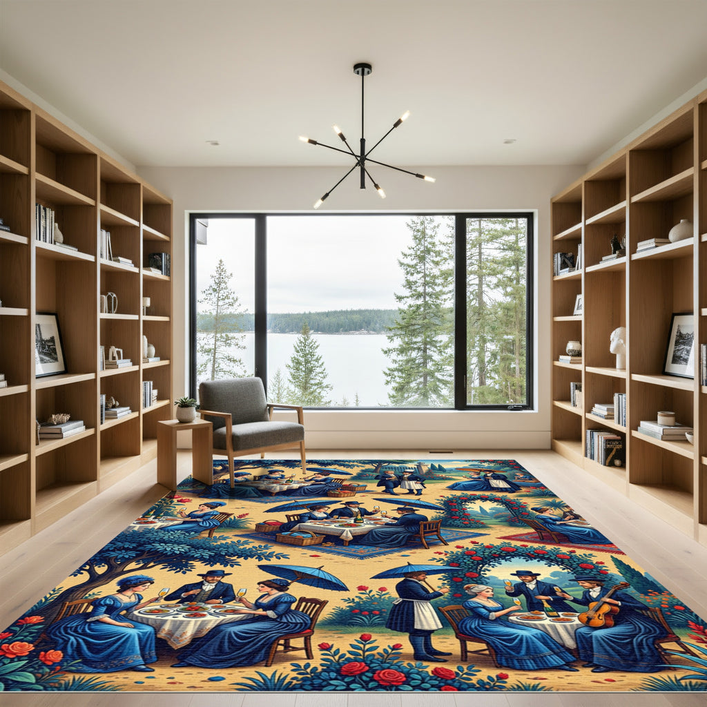 Blue Victorian Garden Picnic Illustration Rug