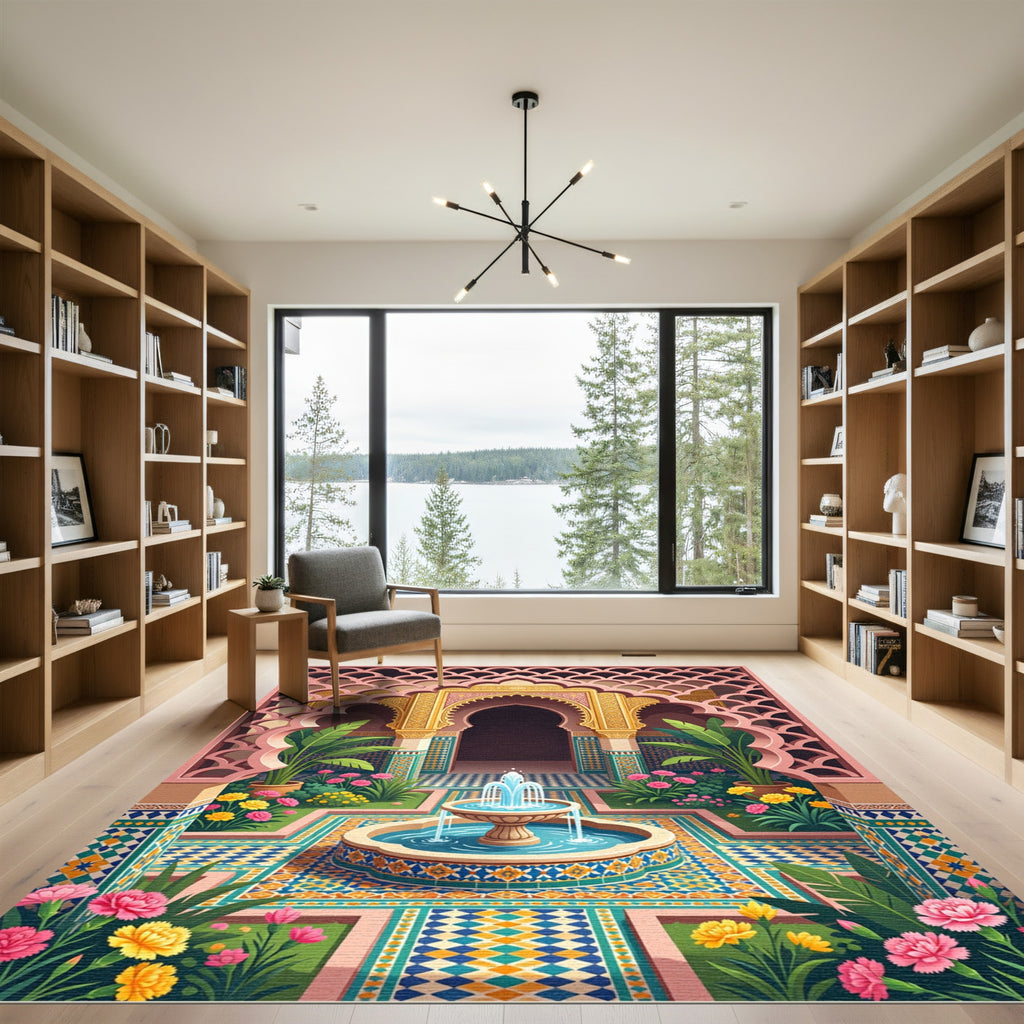 Vibrant Mediterranean Floral Fountain Arch Rug