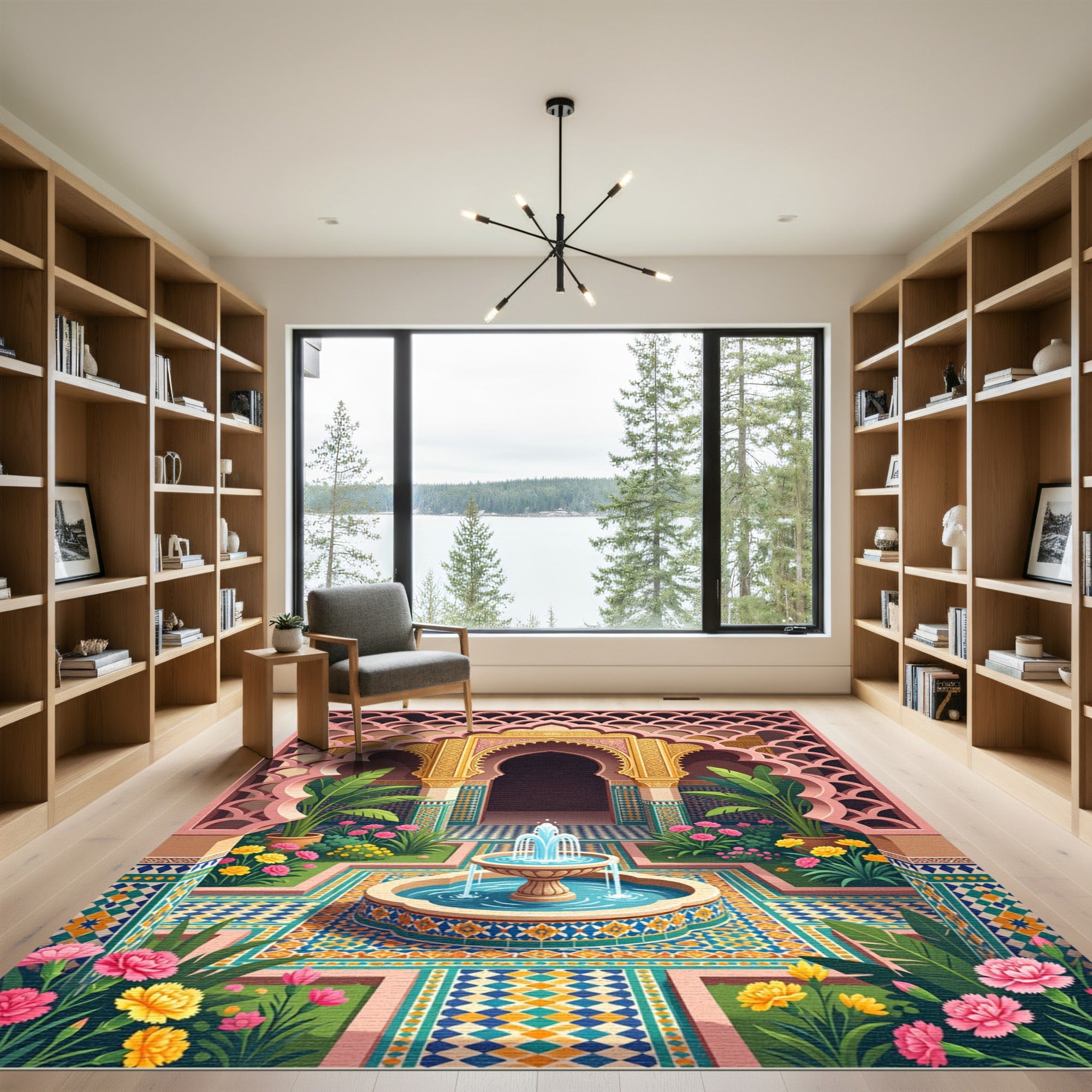 Vibrant Mediterranean Floral Fountain Arch Rug