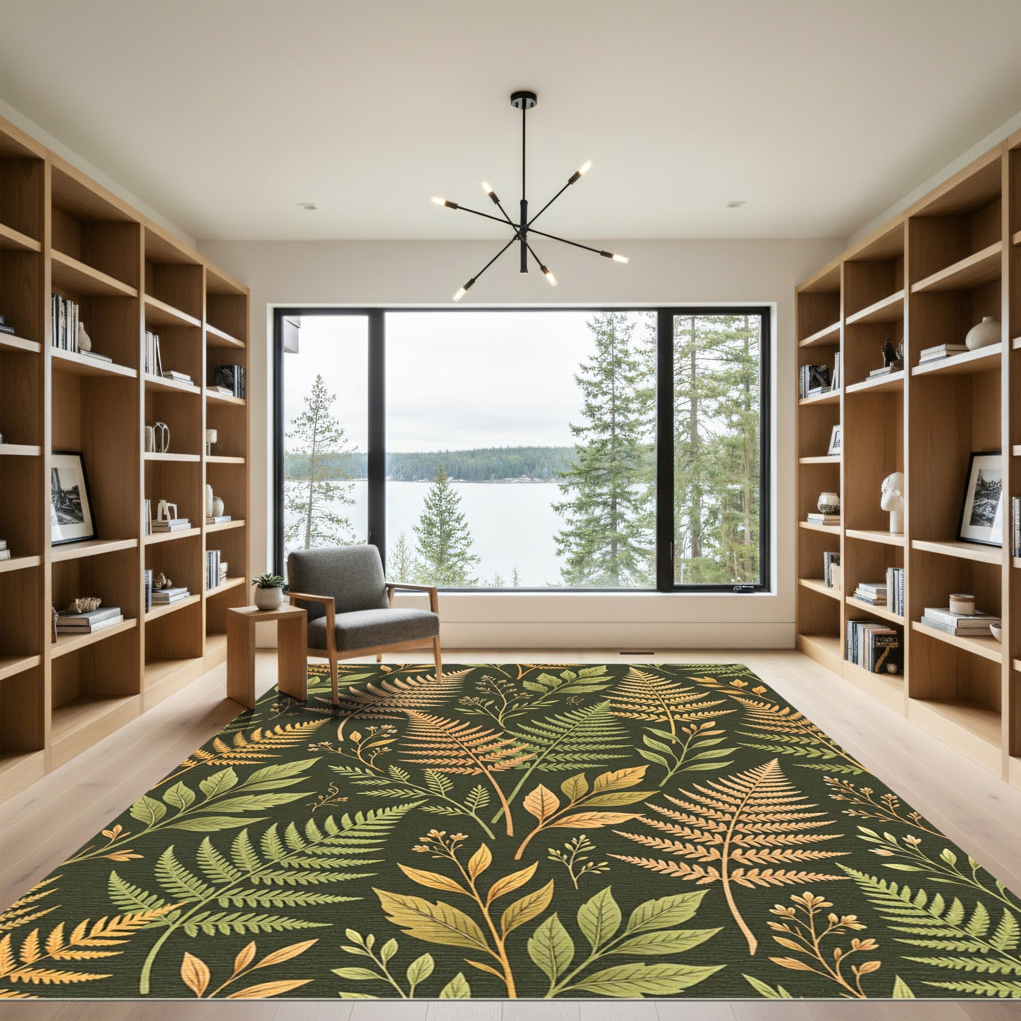 Lush Green and Gold Fern Forest Rug