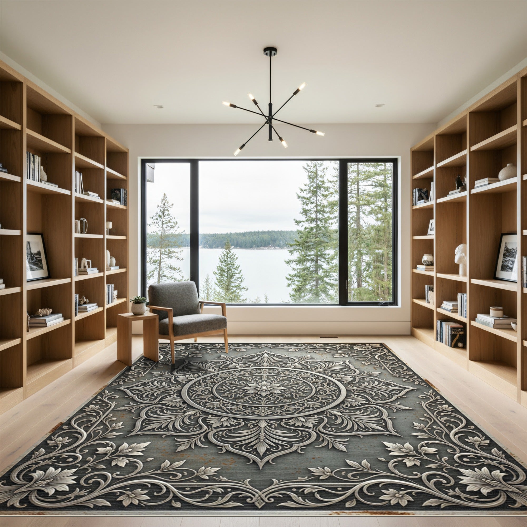 Elegant Silver Ornate Floral Medallion Rug