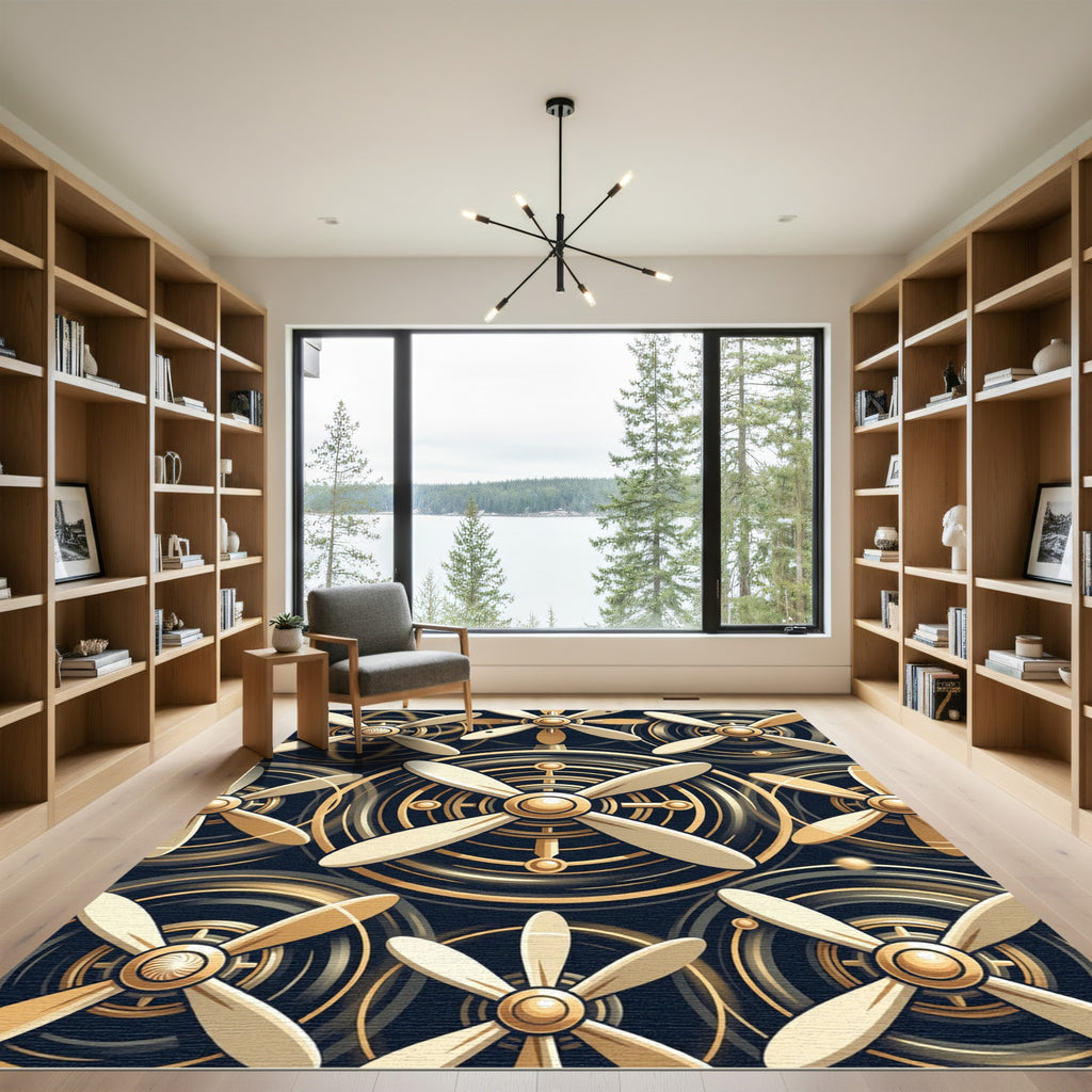 Gold Propeller Abstract Circular Design Rug