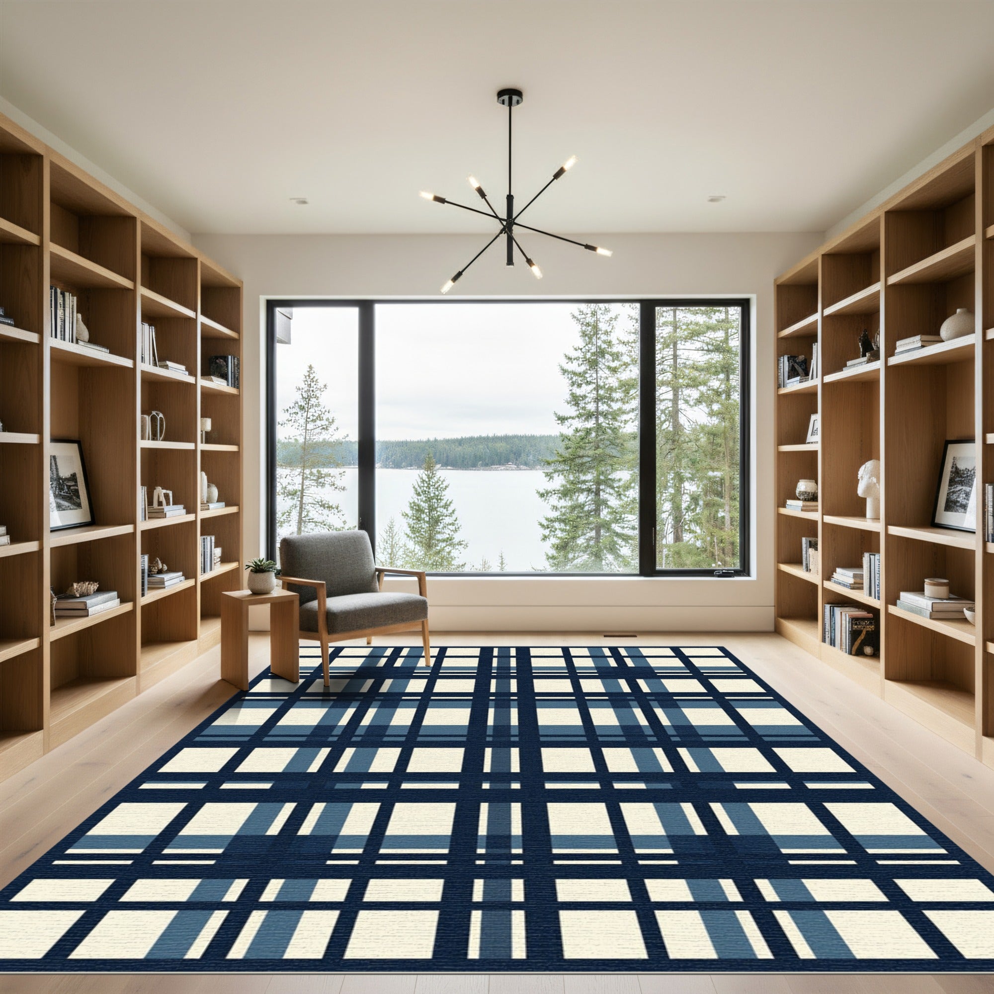 Navy and Cream Plaid Grid Rug
