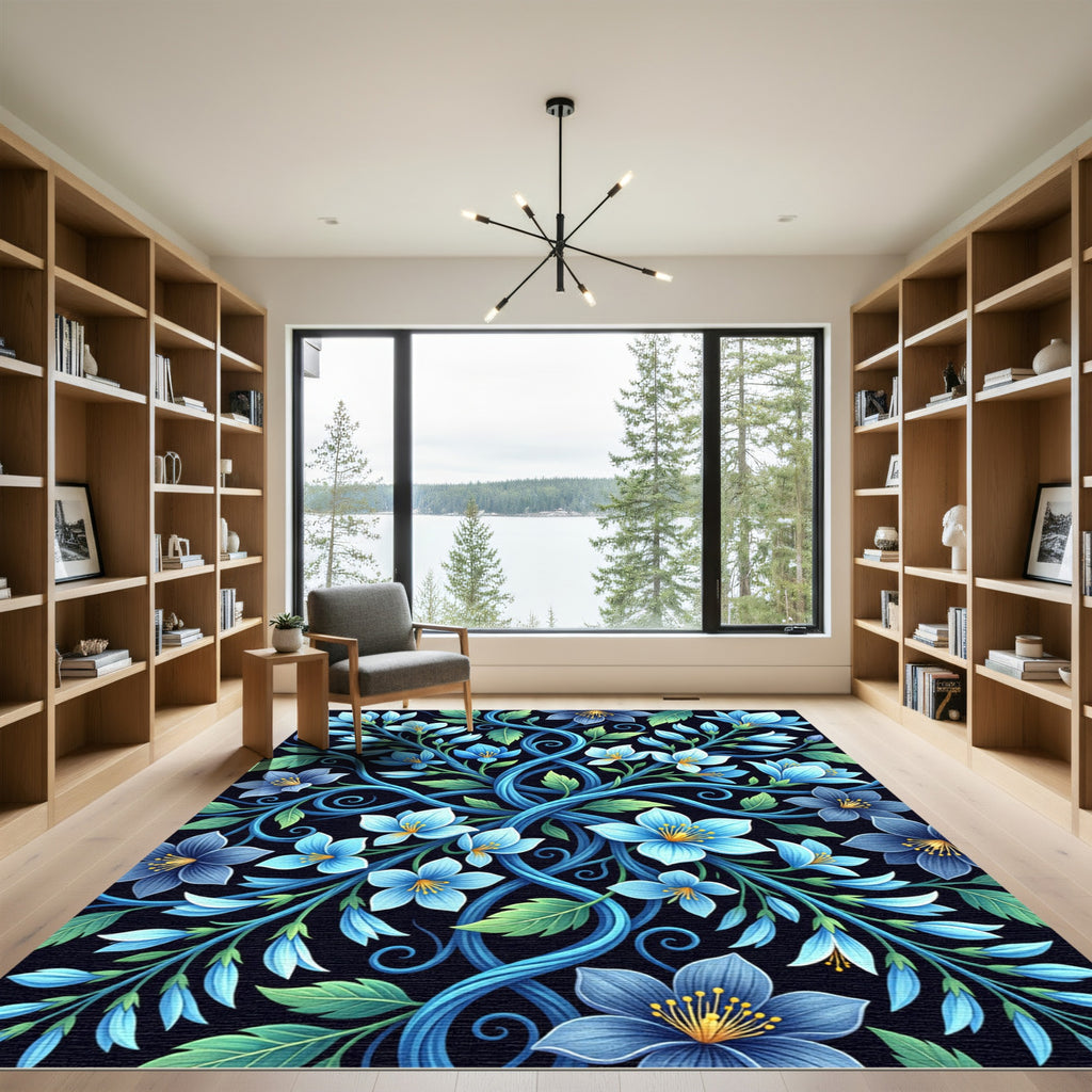 Botanical Blue Swirling Floral Vines Rug
