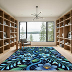 Botanical Blue Swirling Floral Vines Rug