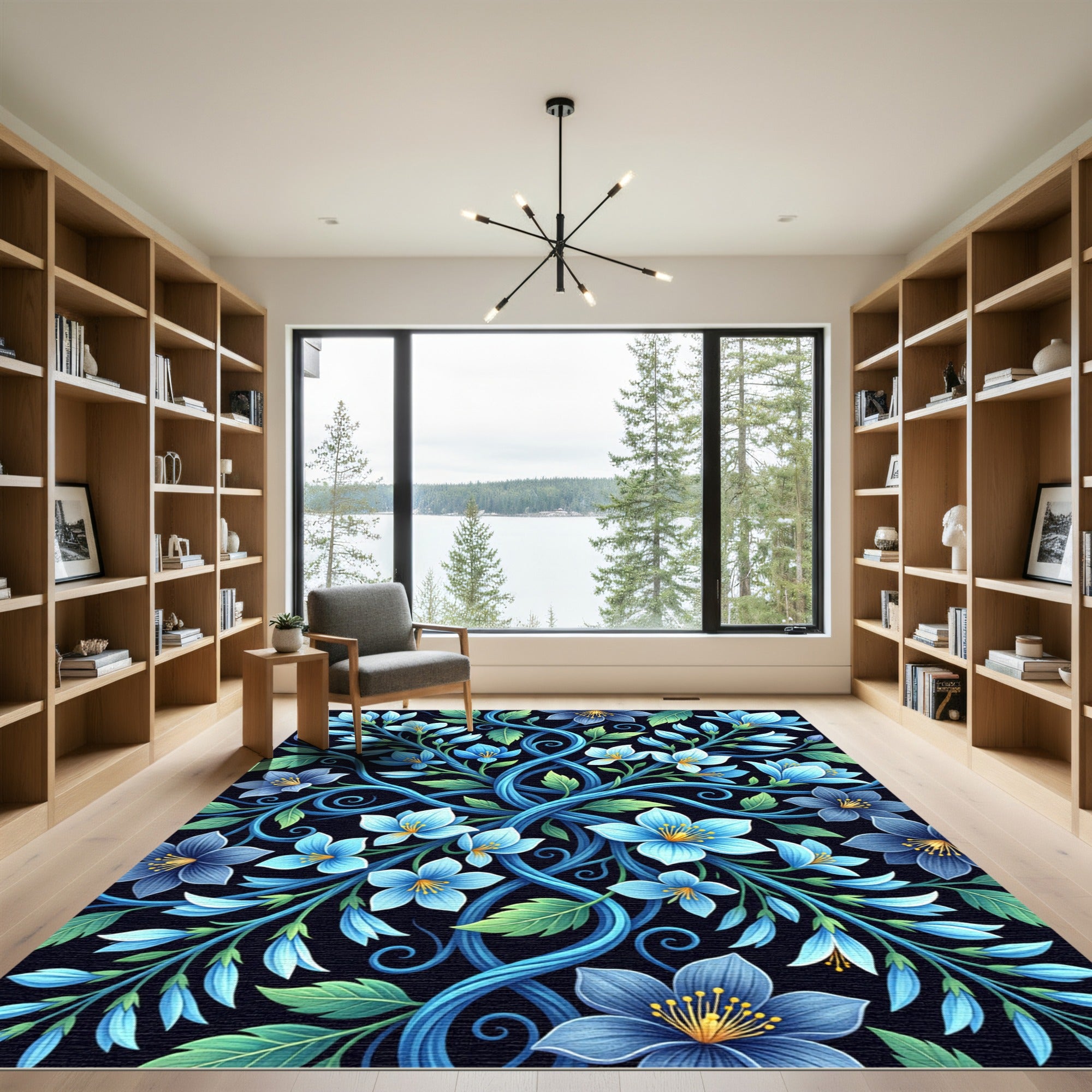 Botanical Blue Swirling Floral Vines Rug