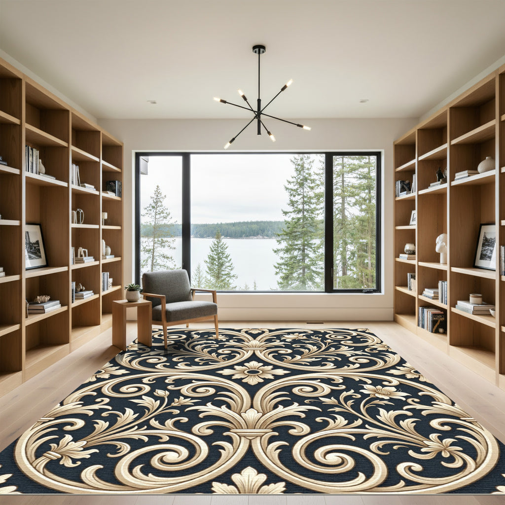 Cream Acanthus Leaf Scrollwork Rug