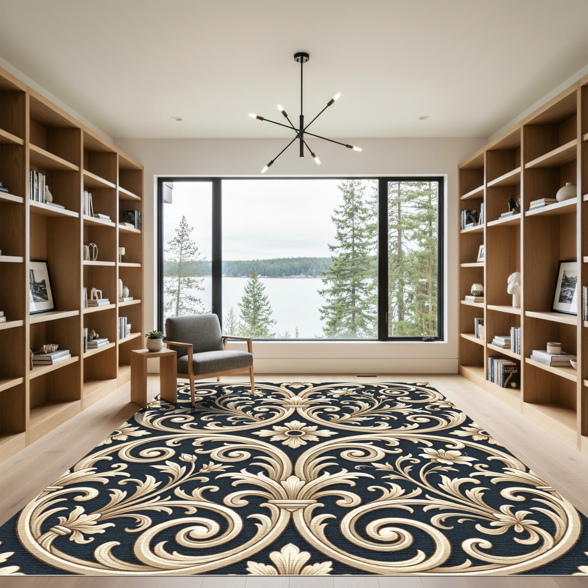 Cream Acanthus Leaf Scrollwork Rug