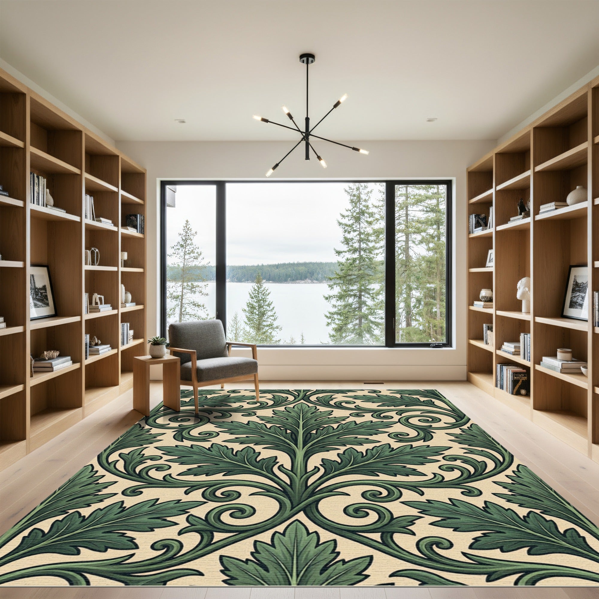 Elegant Sage Green Acanthus Leaf Damask Rug