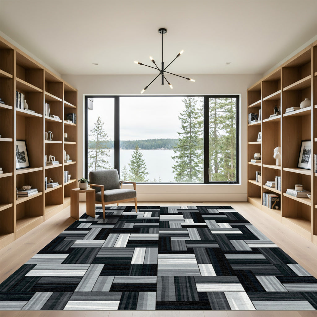 Monochrome Geometric Wood Grain Blocks Rug