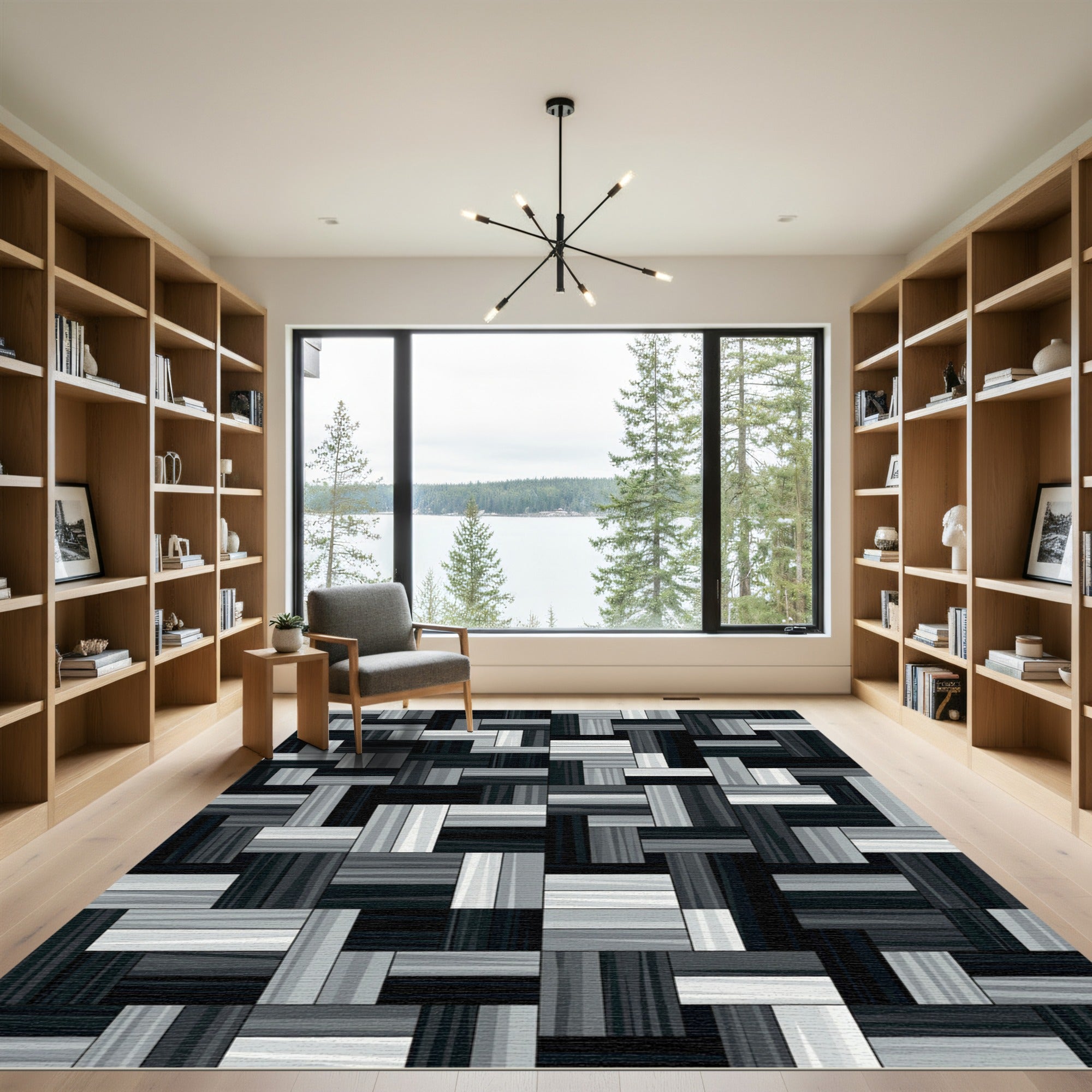 Monochrome Geometric Wood Grain Blocks Rug