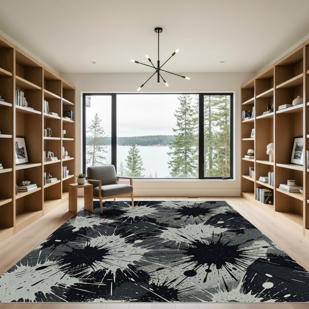 Monochrome Black and Gray Ink Splatter Rug