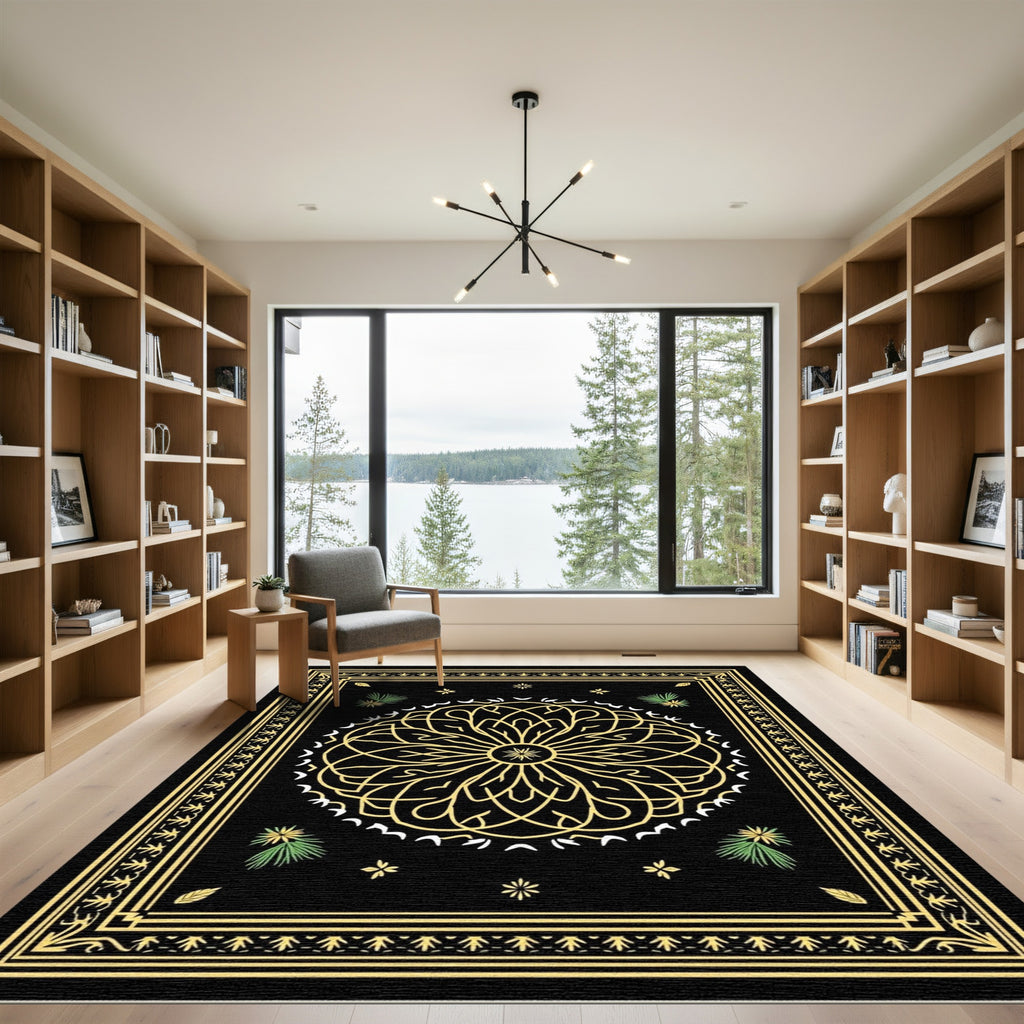Black Gold Floral Mandalas Border Rug
