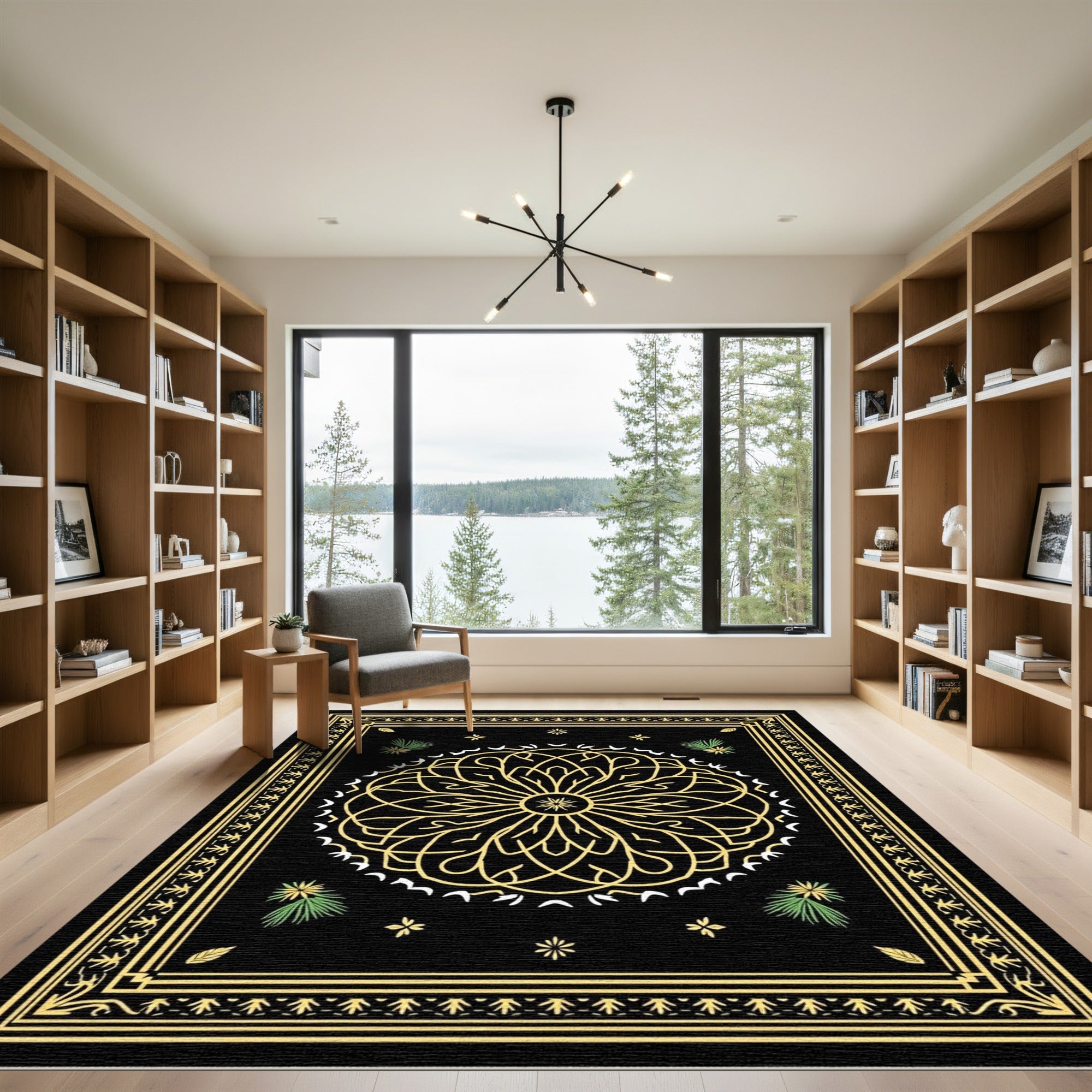 Black Gold Floral Mandalas Border Rug