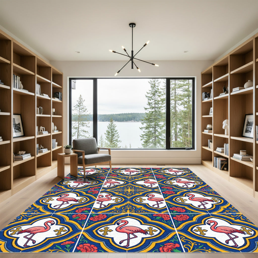 Pink Flamingo Blue Yellow Floral Medallions Rug