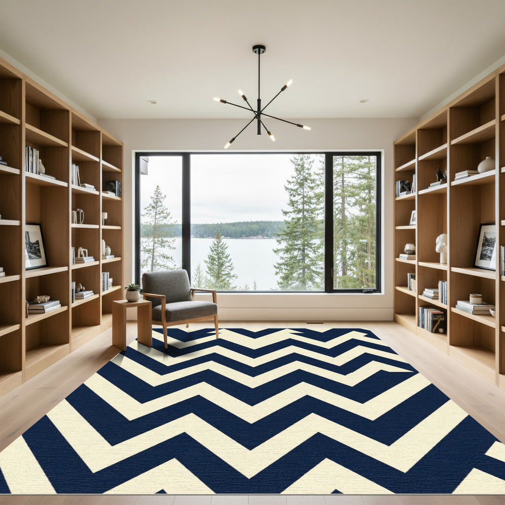 Navy and Cream Sharp Chevron Zigzag Rug
