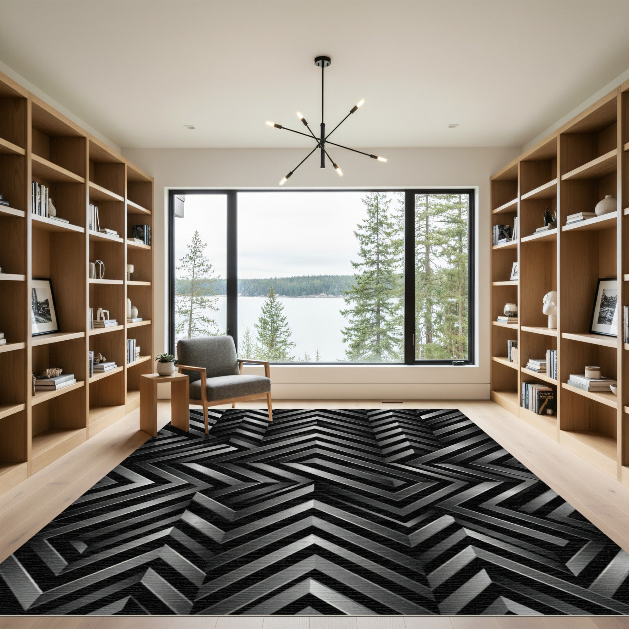 Metallic Silver Geometric Chevron Rug