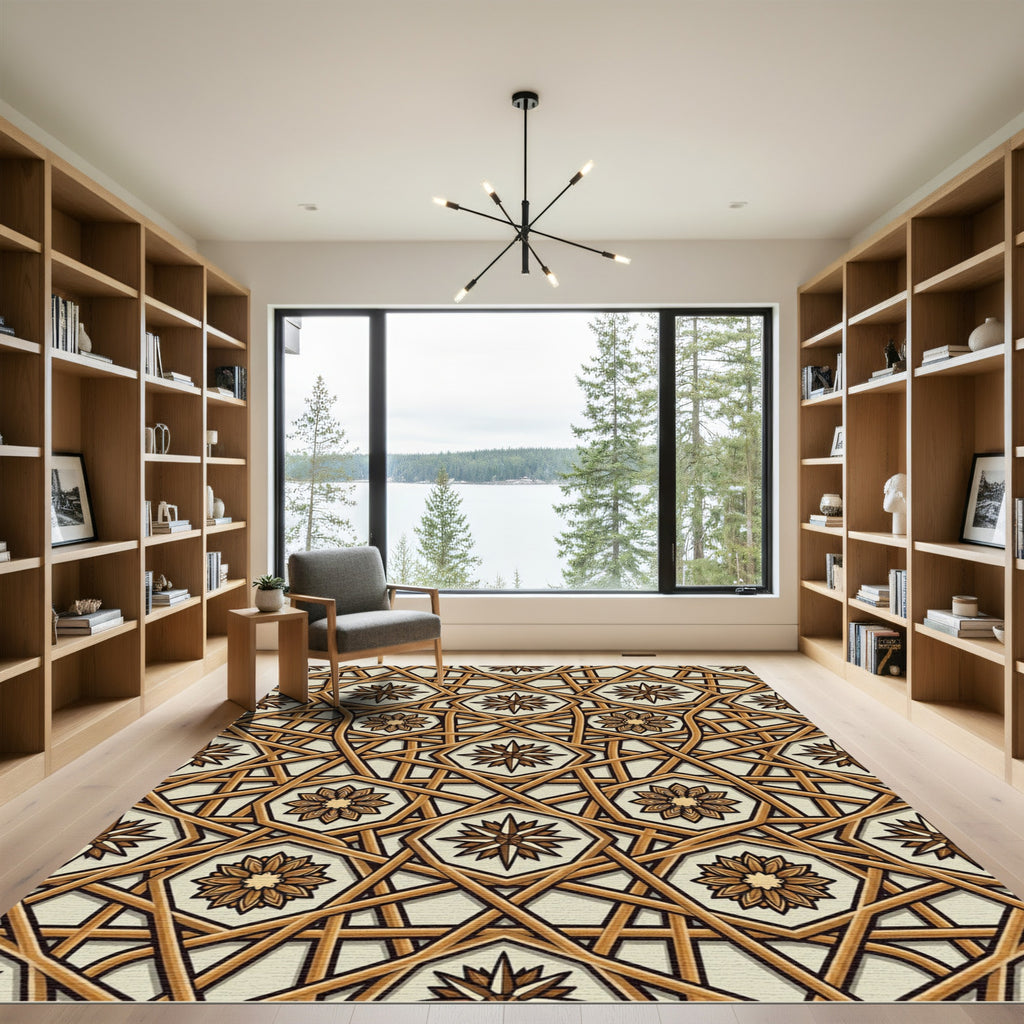 Geometric Gold Interlocking Star Hexagon Rug