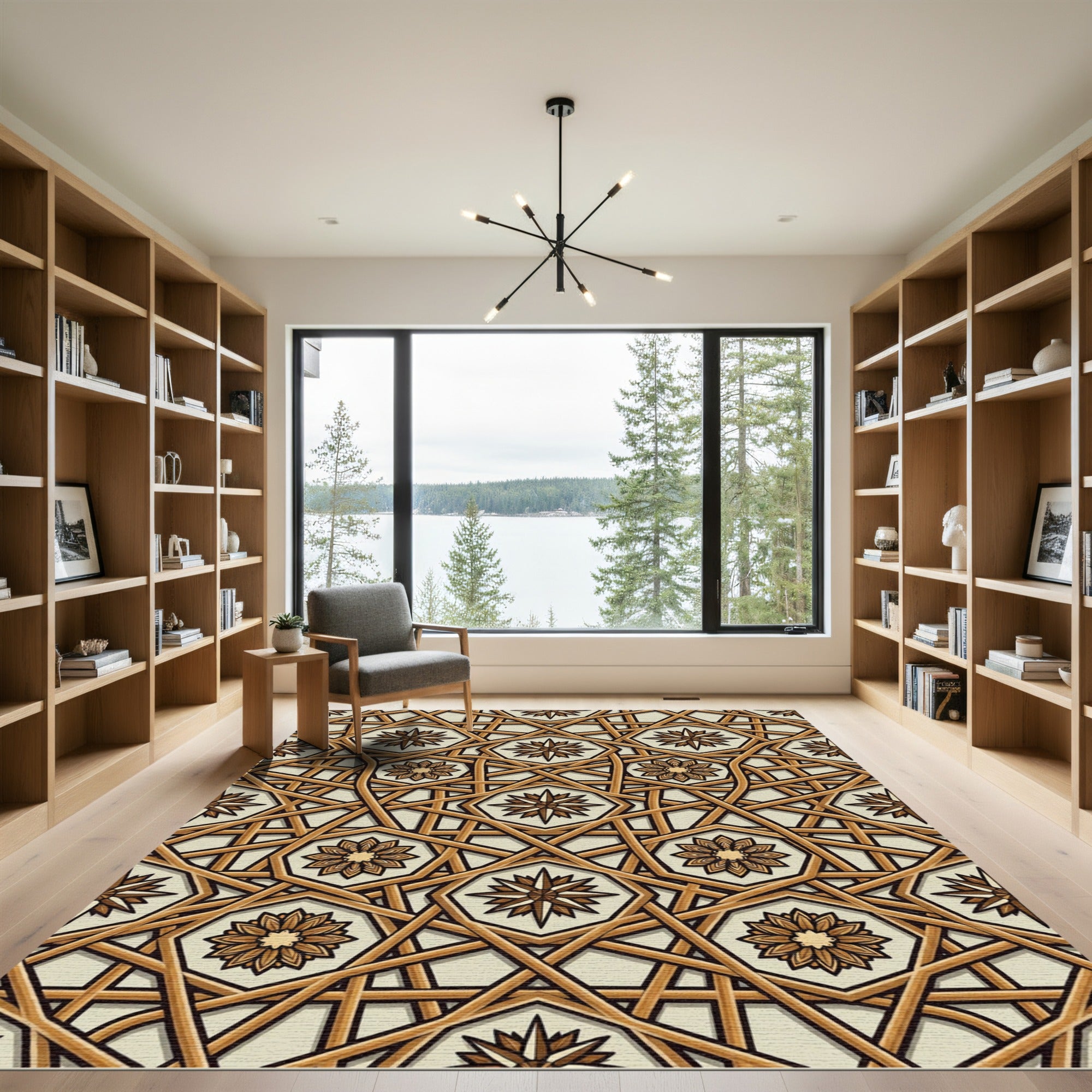 Geometric Gold Interlocking Star Hexagon Rug
