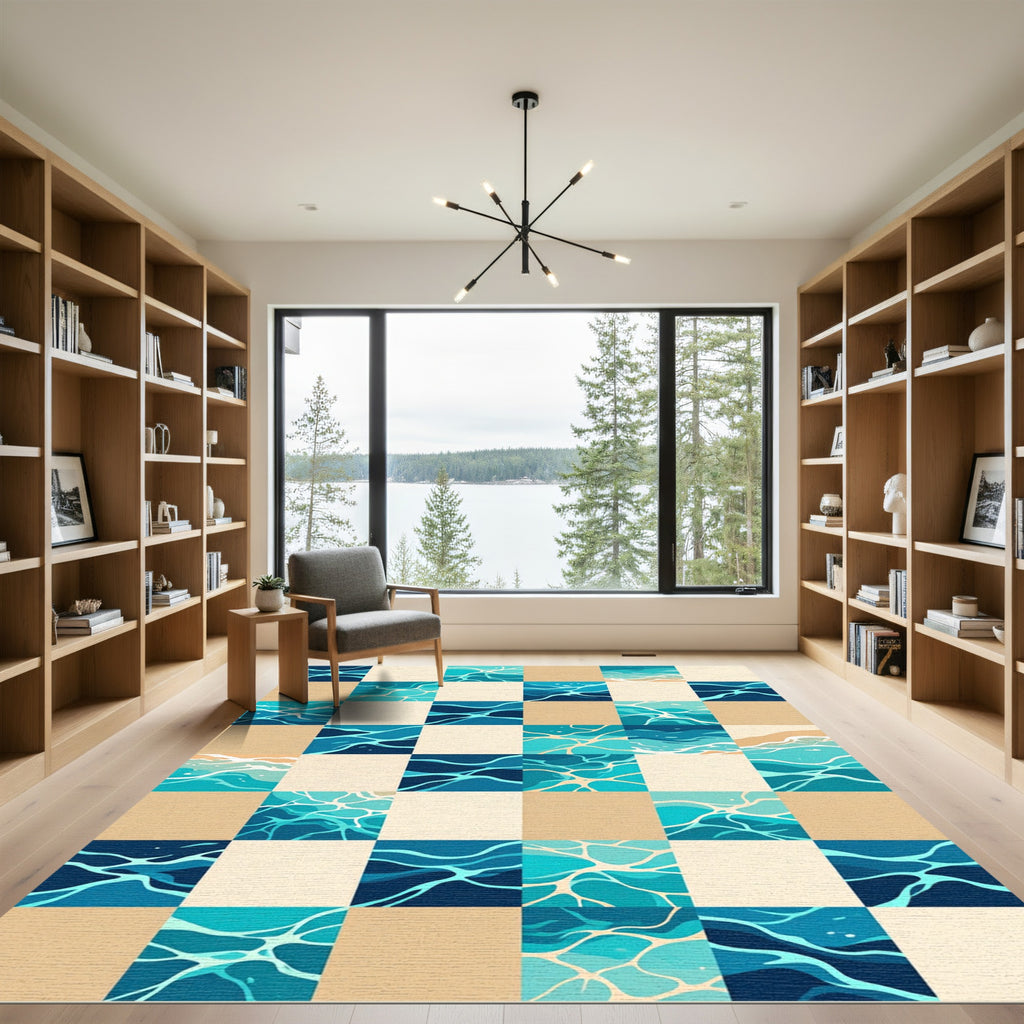 Geometric Blue Water Ripple Checkered Rug