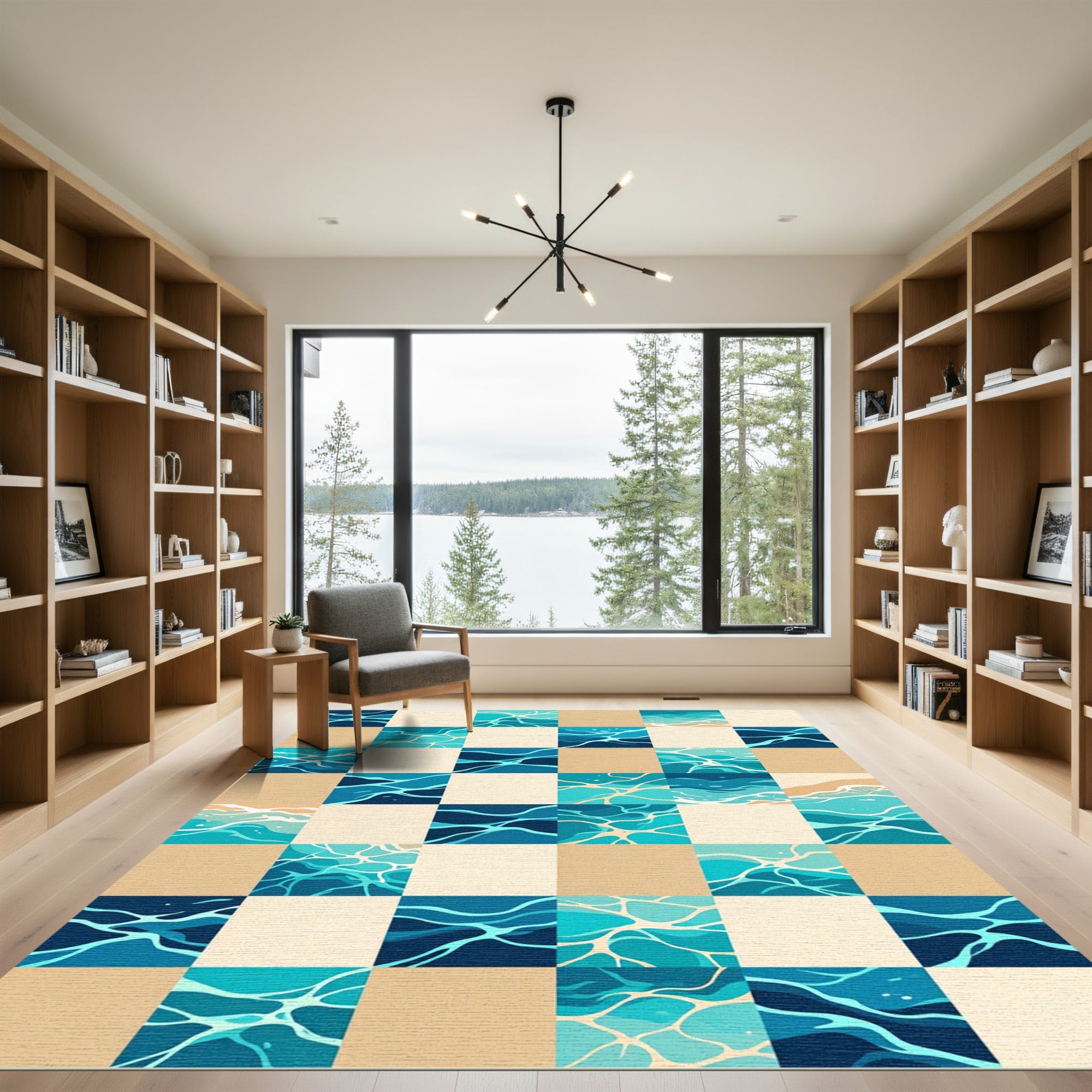 Geometric Blue Water Ripple Checkered Rug