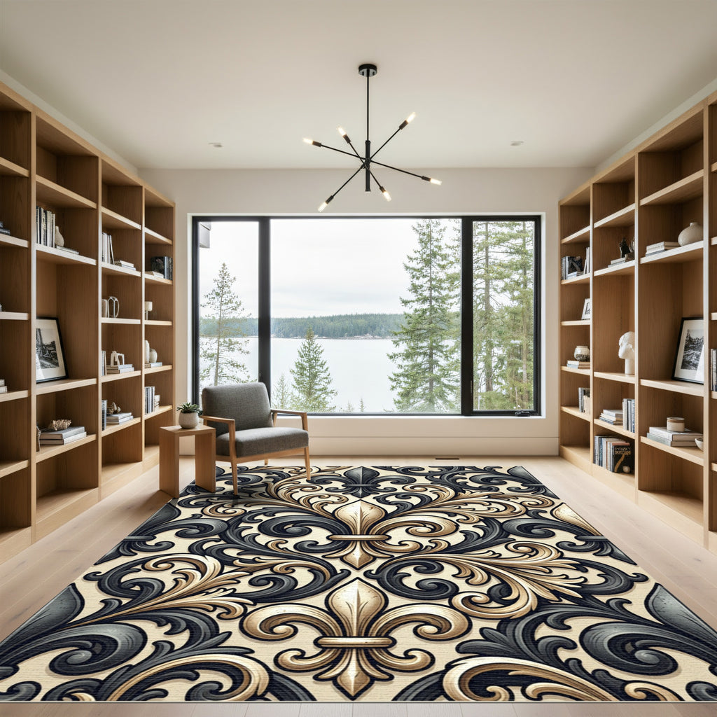 Elegant Gold and Charcoal Fleur-de-lis Rug
