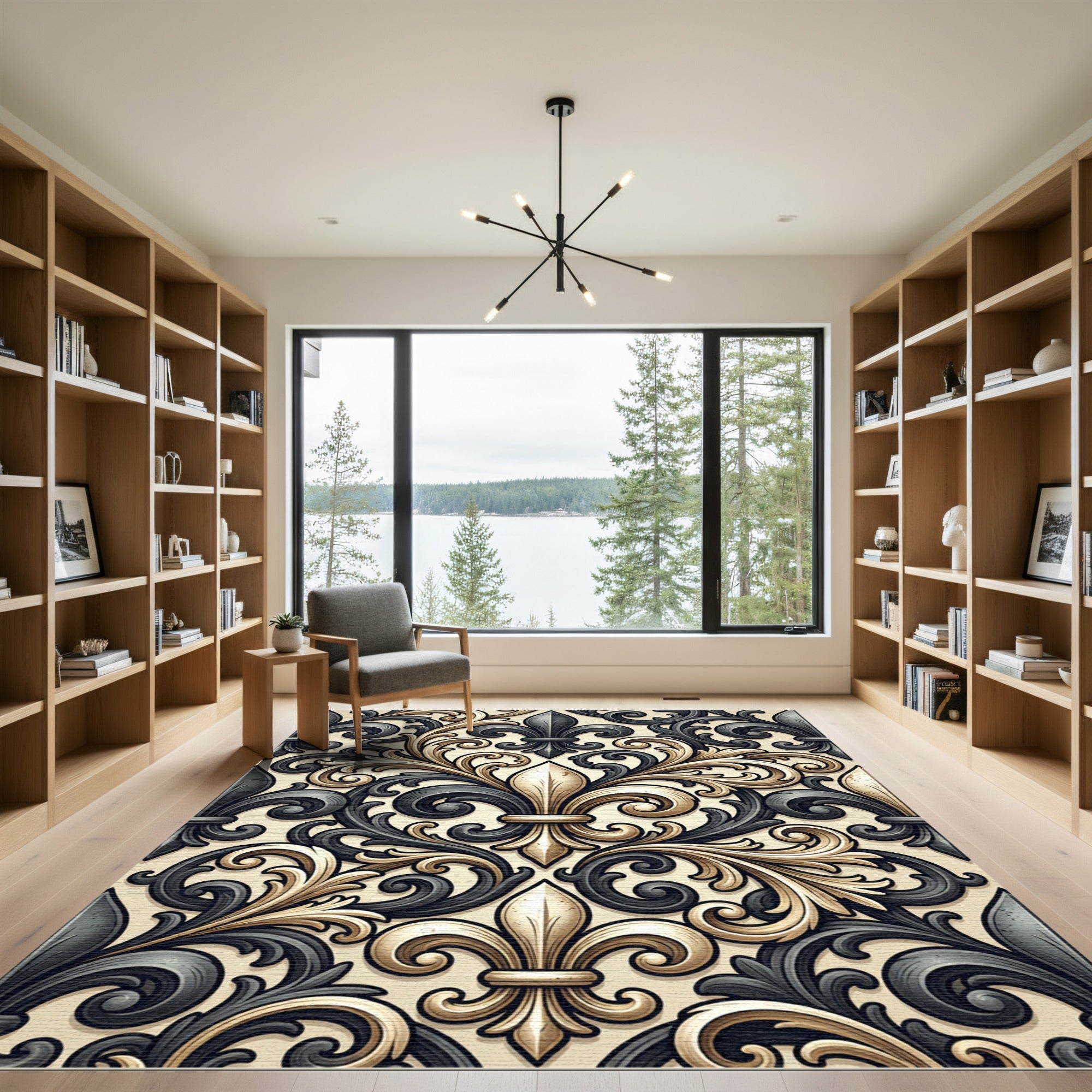 Elegant Gold and Charcoal Fleur-de-lis Rug