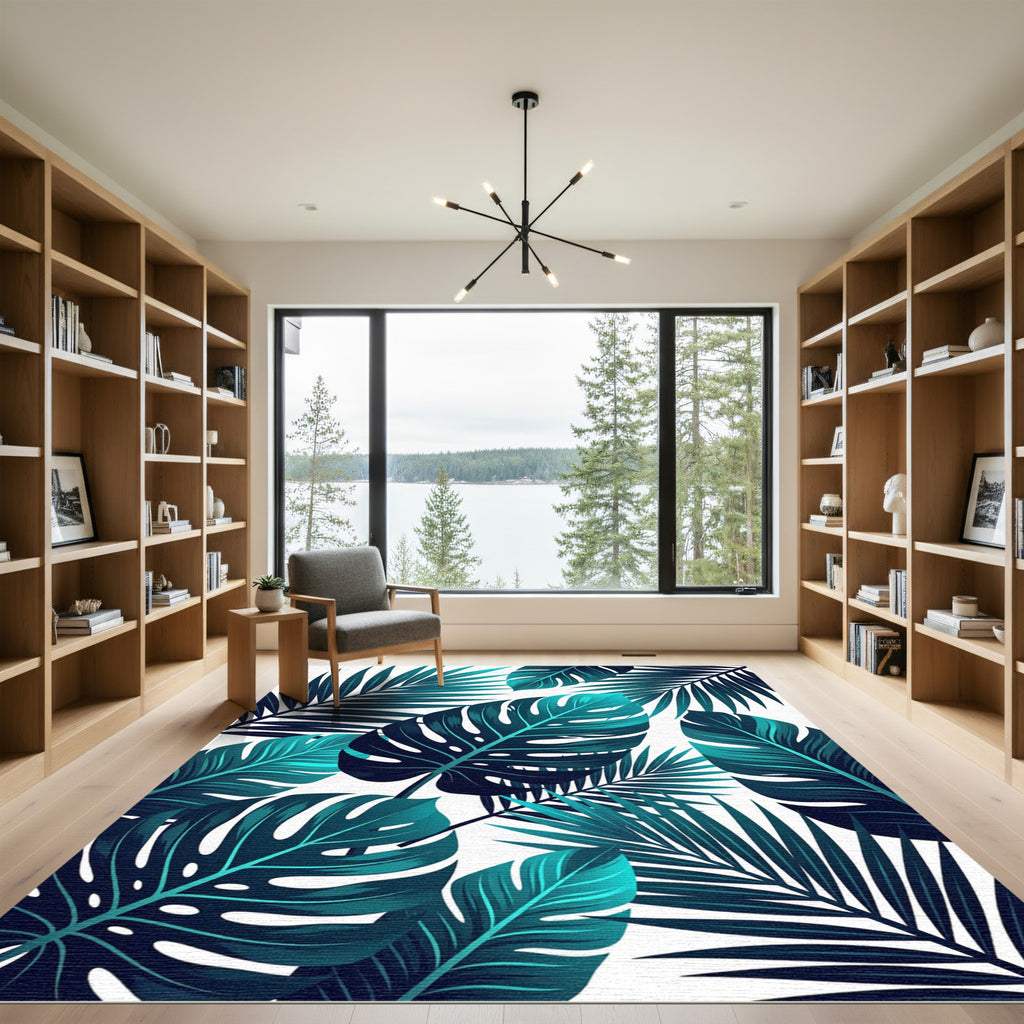Lush Teal Tropical Monstera Palm Rug