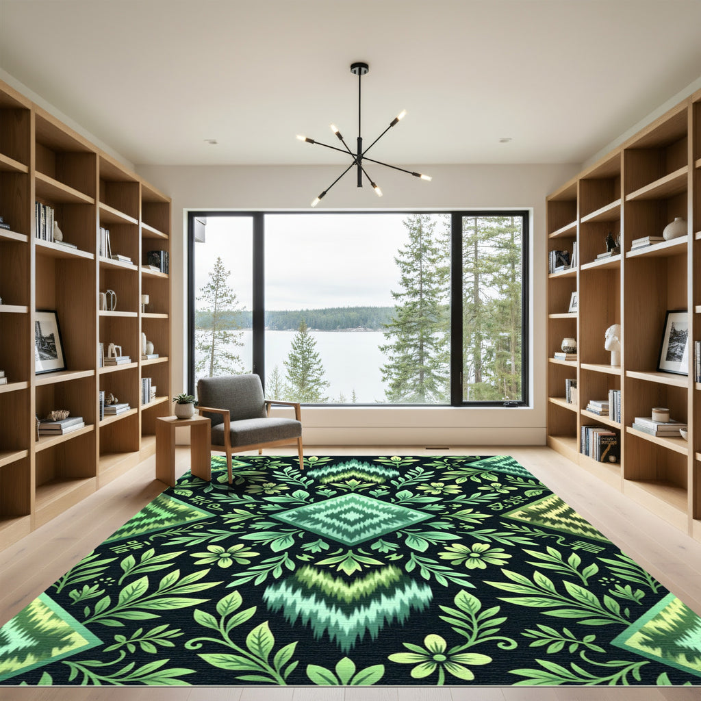 Green Floral Zigzag Ikat Rug