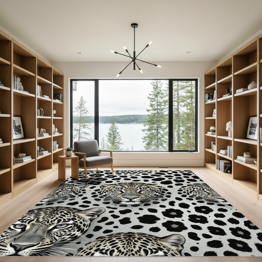 Monochrome Leopard Portrait Arrangement Rug