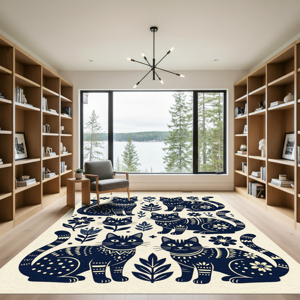 Folklore Navy Cat and Flora Illustration Rug