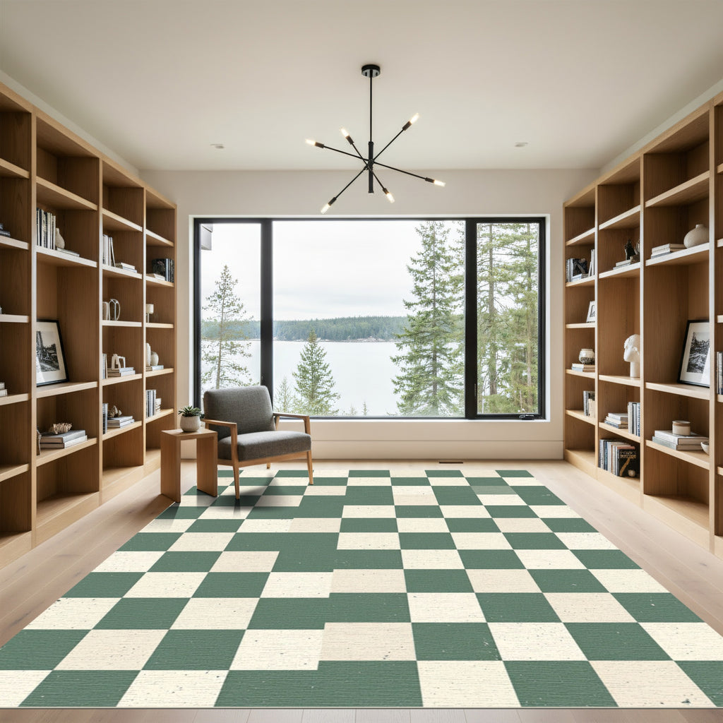Sage Green and Cream Checkerboard Grid Rug