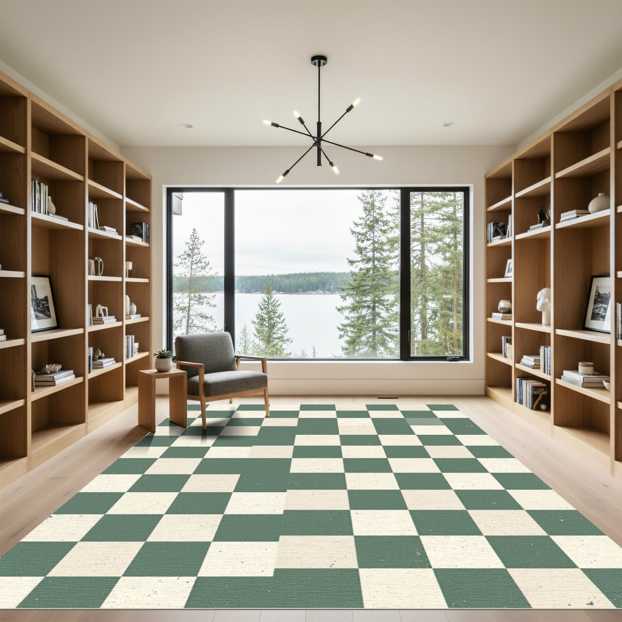 Sage Green and Cream Checkerboard Grid Rug