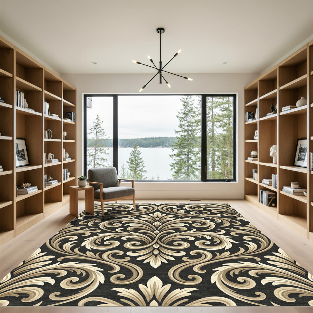 Black Gold Ornate Damask Scroll Rug