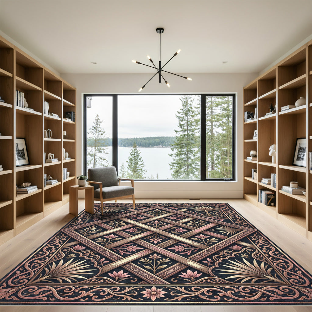 Ornate Rose Gold Trellis Floral Rug