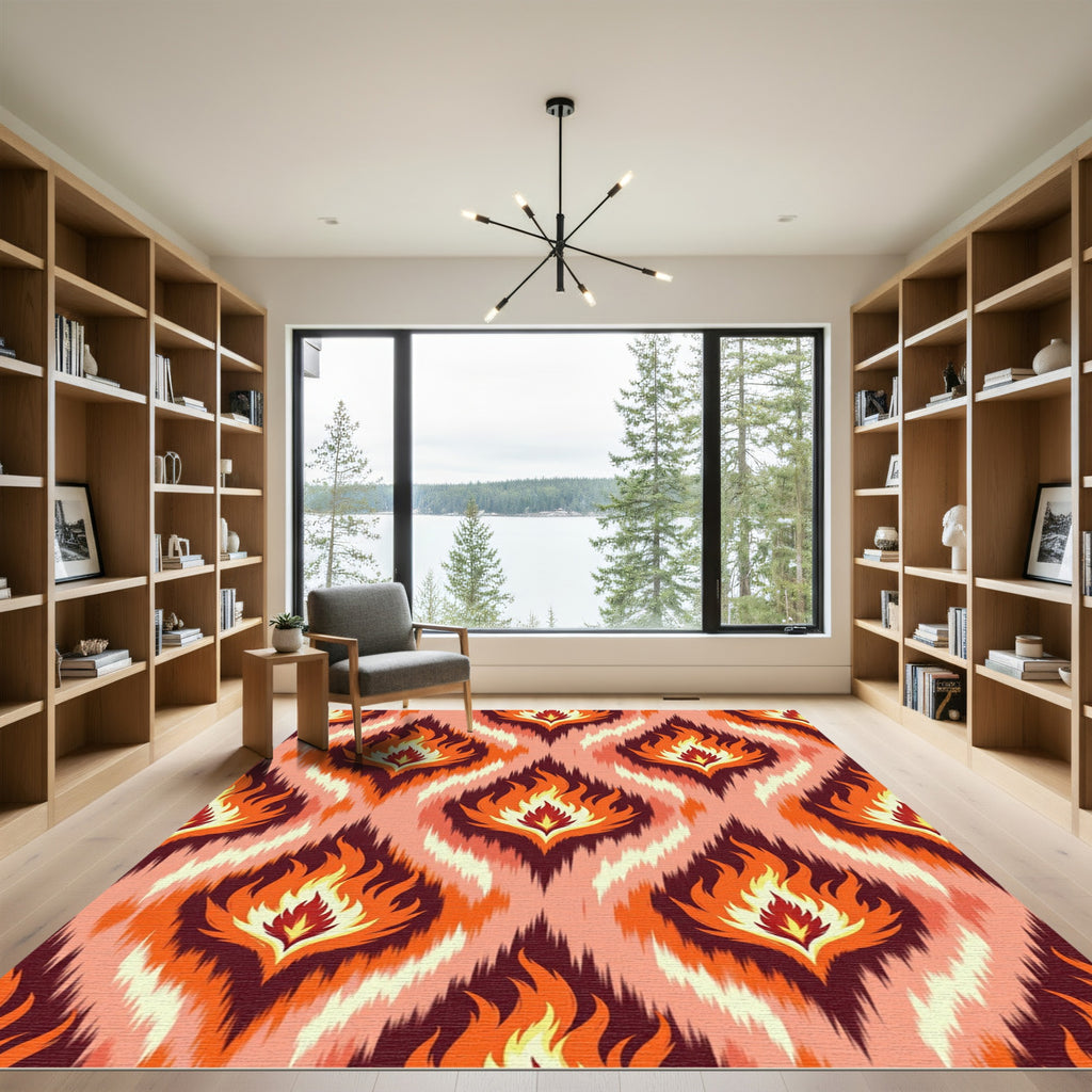 Fiery Red Orange Flame Ikat Rug