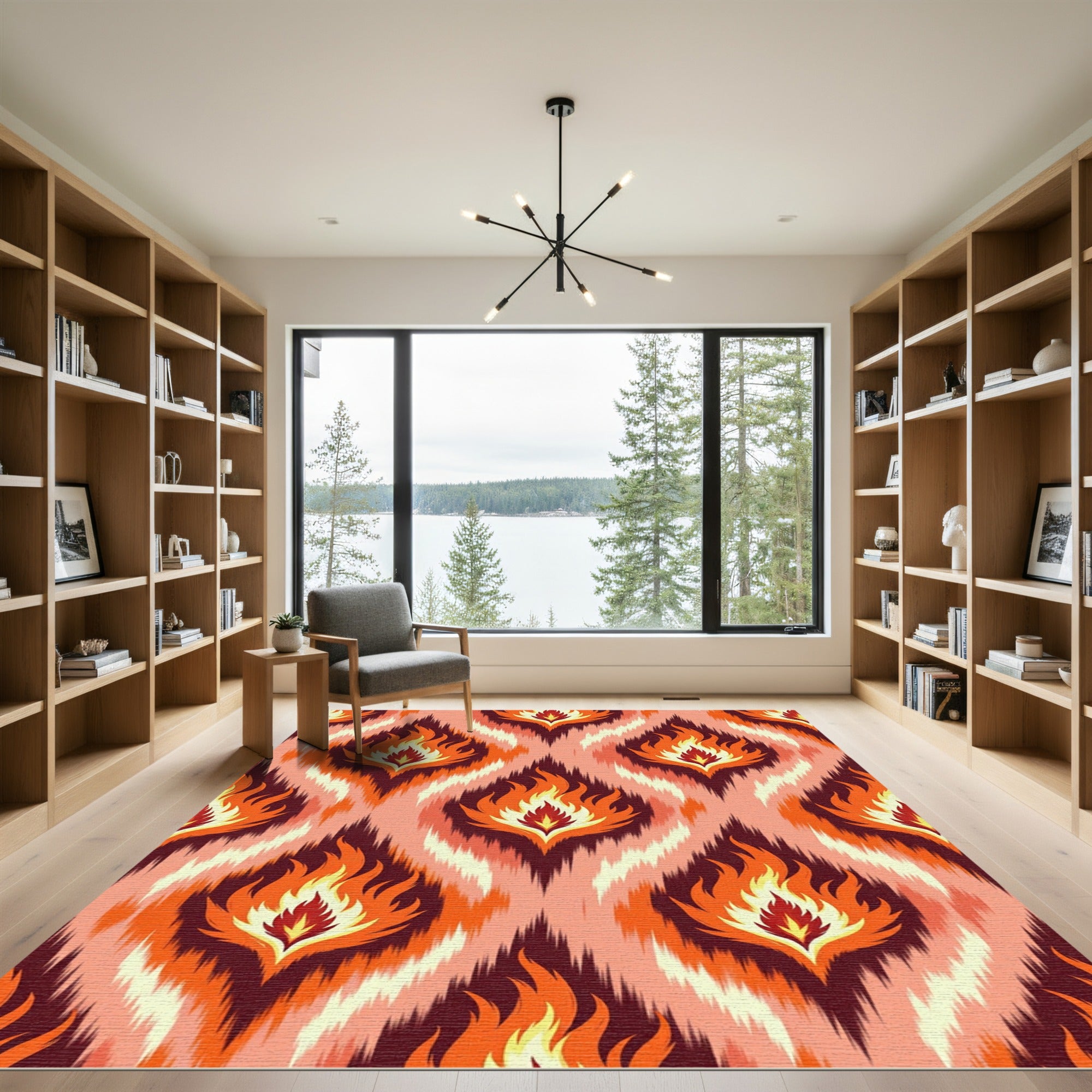 Fiery Red Orange Flame Ikat Rug