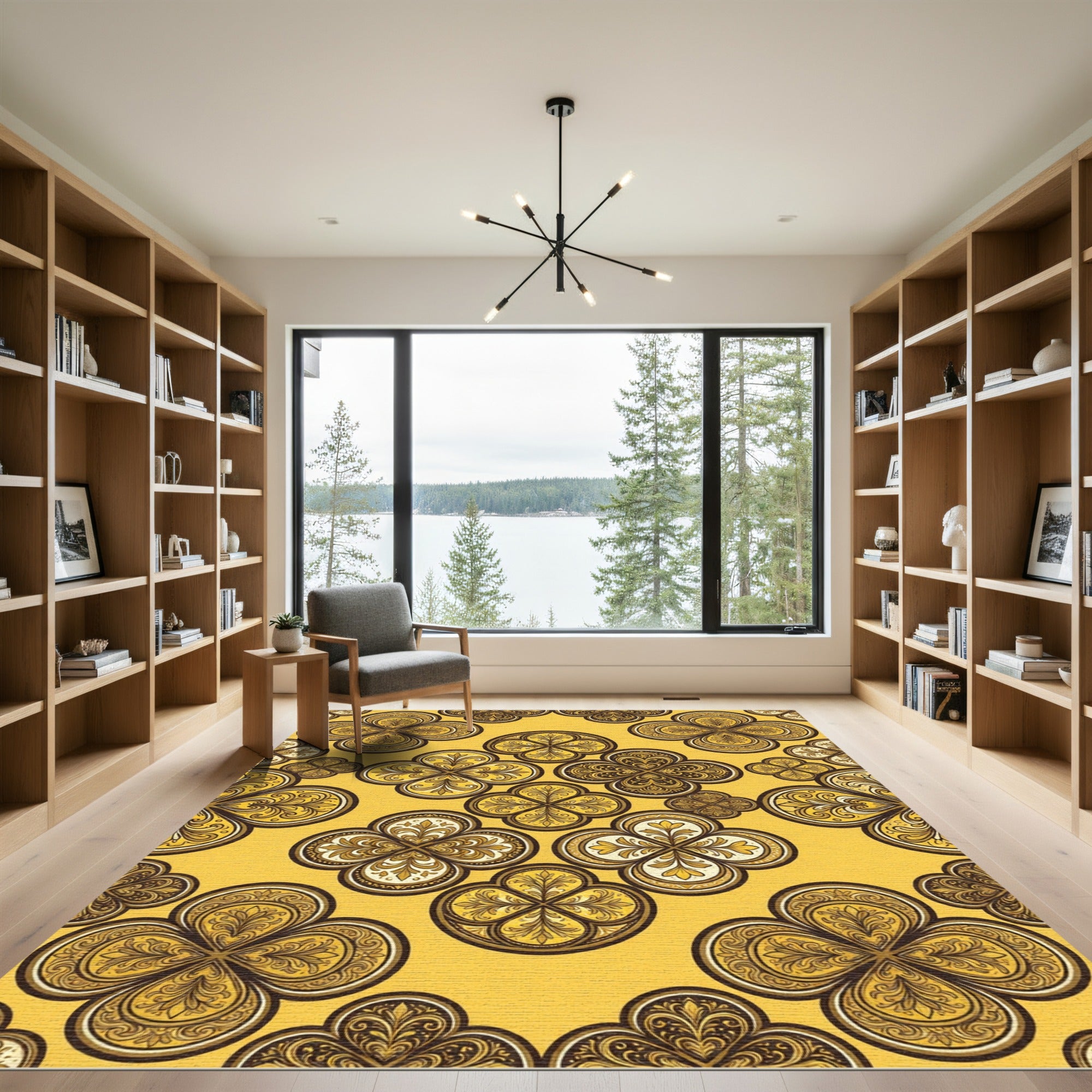 Golden Quatrefoil Floral Damask Medallion Rug