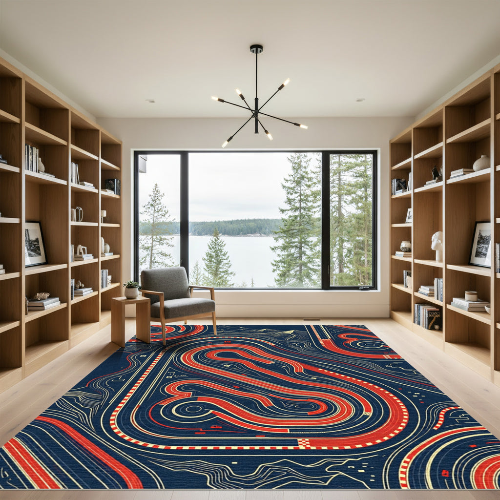 Modern Crimson Race Track Schematic Rug