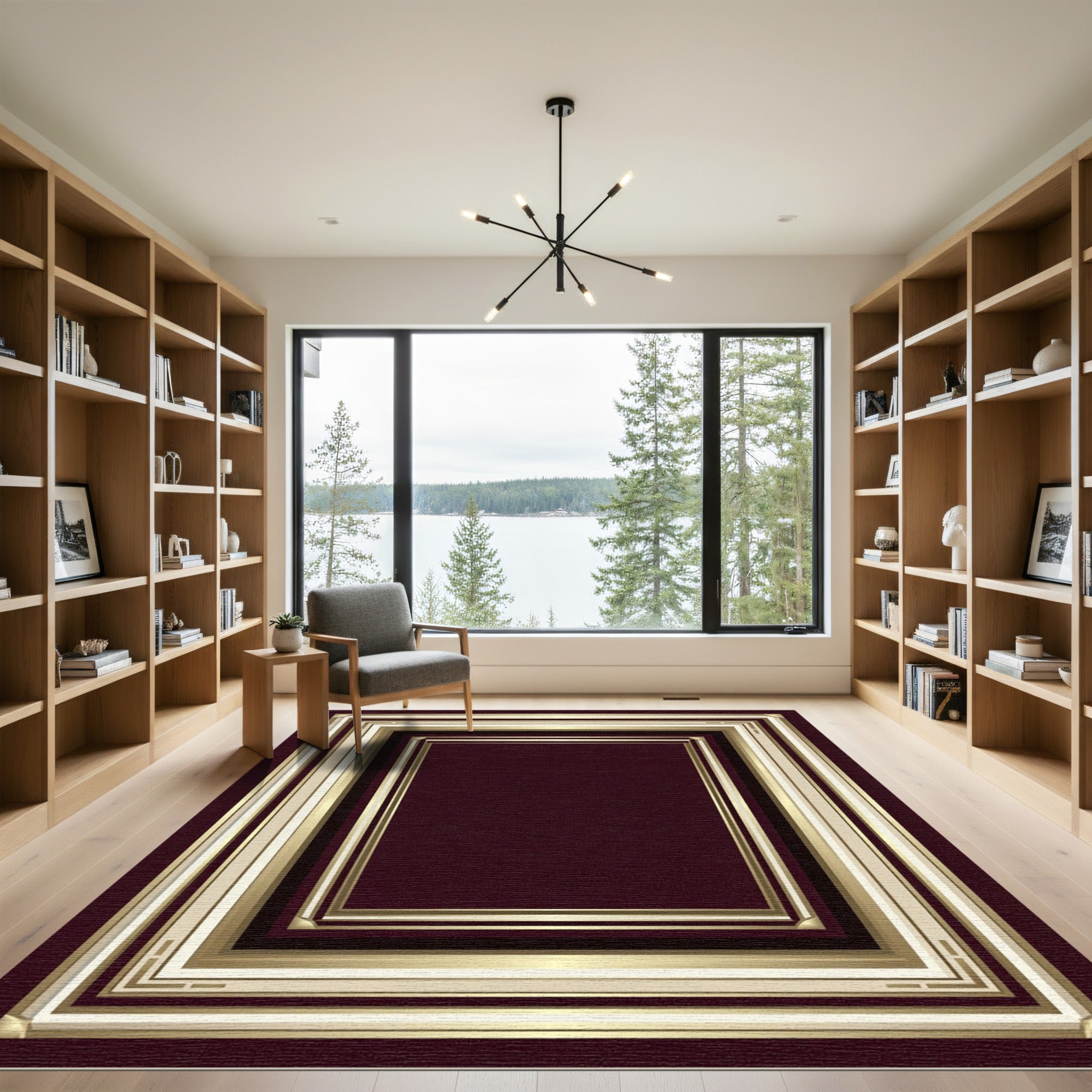 Elegant Deep Burgundy Golden Rectangular Frame Rug