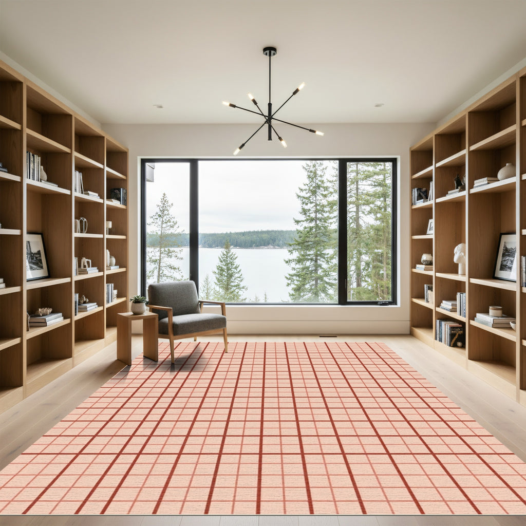 Salmon Pink Grid Geometric Rug